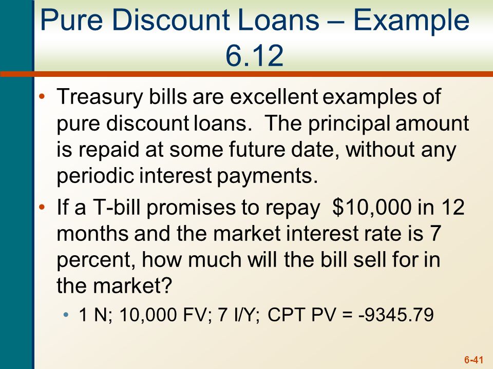 6-41 Pure Discount Loans – Example 6.12 Treasury bills are excellent examples of pure discount loans.