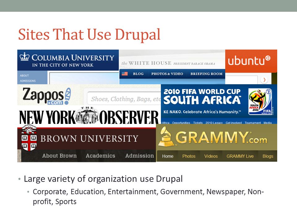 Sites That Use Drupal Large variety of organization use Drupal Corporate, Education, Entertainment, Government, Newspaper, Non- profit, Sports