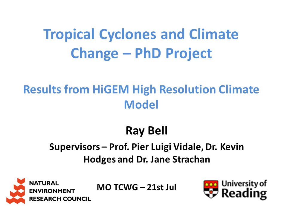 Tropical Cyclones and Climate Change – PhD Project Results from HiGEM High Resolution Climate Model Ray Bell Supervisors – Prof.