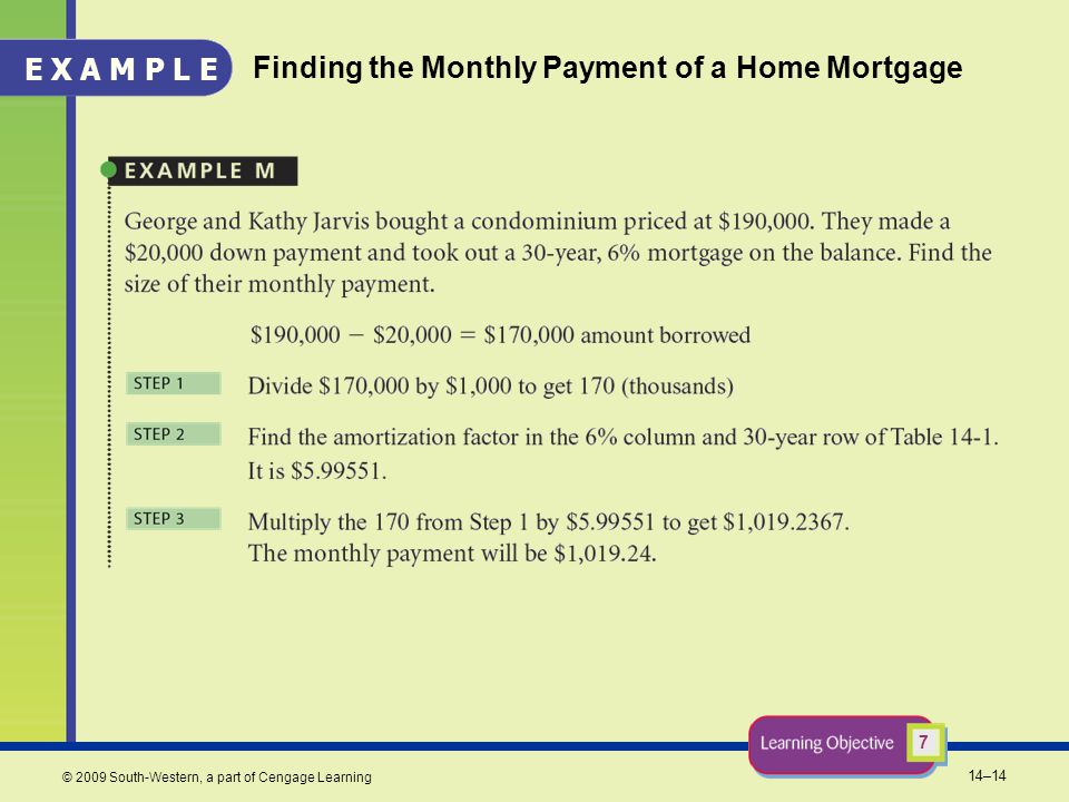 14–14 © 2009 South-Western, a part of Cengage Learning Finding the Monthly Payment of a Home Mortgage 7 E X A M P L E
