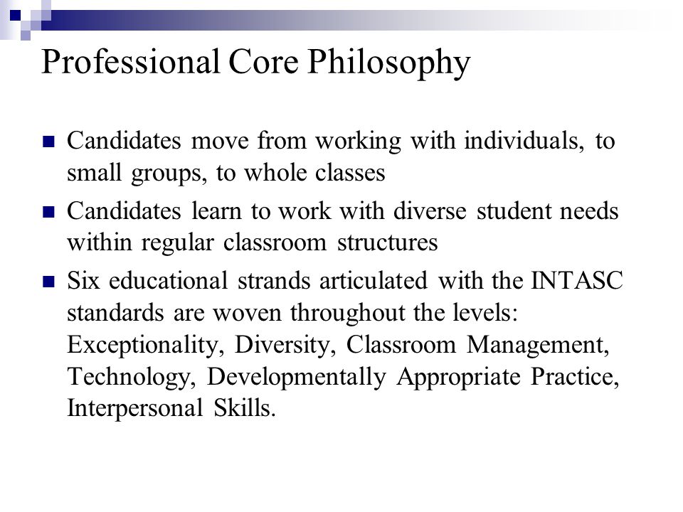 Professional Core Philosophy Candidates move from working with individuals, to small groups, to whole classes Candidates learn to work with diverse student needs within regular classroom structures Six educational strands articulated with the INTASC standards are woven throughout the levels: Exceptionality, Diversity, Classroom Management, Technology, Developmentally Appropriate Practice, Interpersonal Skills.