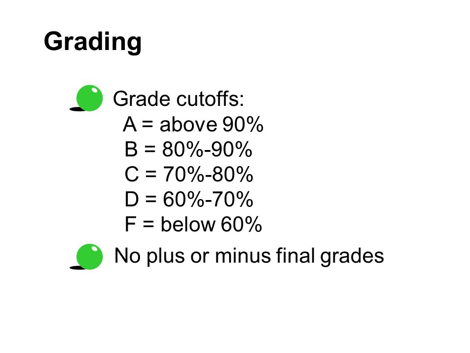 No plus or minus final grades Grading Grade cutoffs: A = above 90% B = 80%-90% C = 70%-80% D = 60%-70% F = below 60%