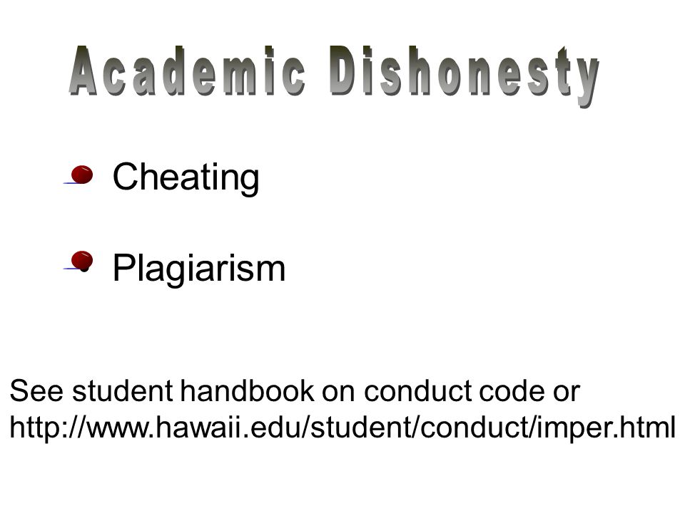 Cheating Plagiarism See student handbook on conduct code or
