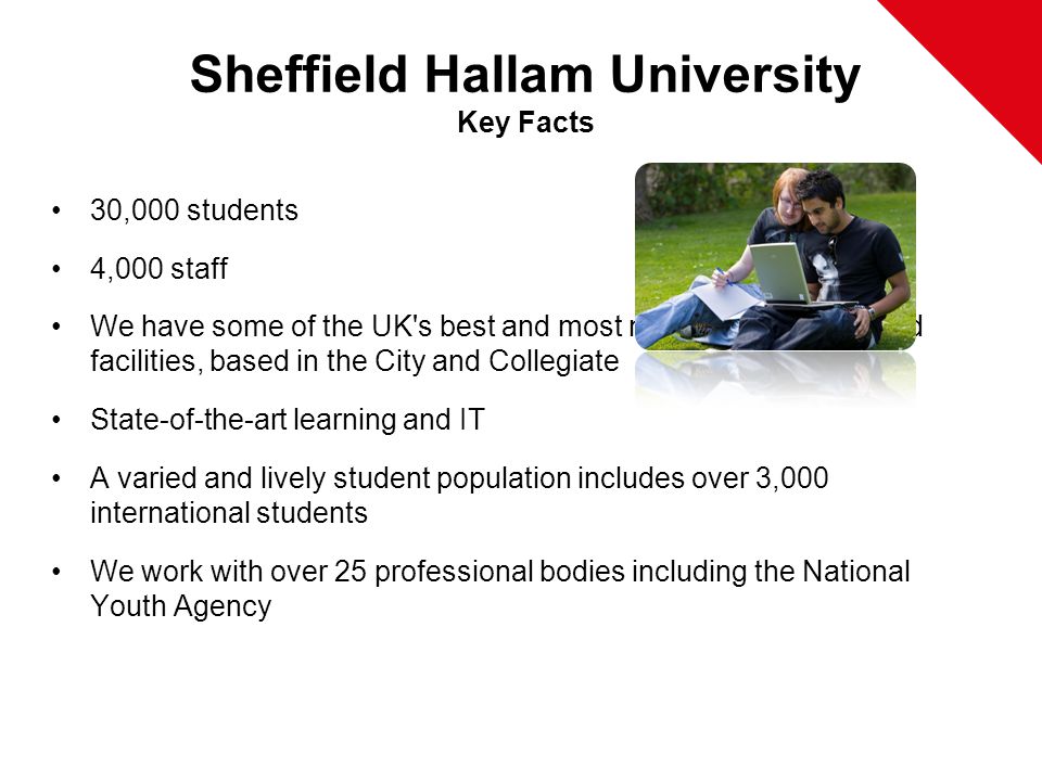 Sheffield Hallam University Key Facts 30,000 students 4,000 staff We have some of the UK s best and most modern campuses and facilities, based in the City and Collegiate State-of-the-art learning and IT A varied and lively student population includes over 3,000 international students We work with over 25 professional bodies including the National Youth Agency