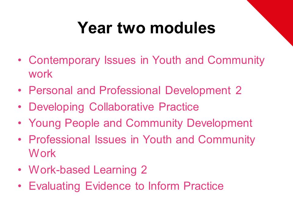 Year two modules Contemporary Issues in Youth and Community work Personal and Professional Development 2 Developing Collaborative Practice Young People and Community Development Professional Issues in Youth and Community Work Work-based Learning 2 Evaluating Evidence to Inform Practice