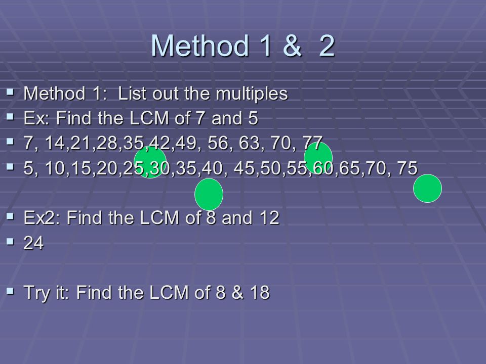 Method 1 & 2  Method 1: List out the multiples  Ex: Find the LCM of 7 and 5  7, 14,21,28,35,42,49, 56, 63, 70, 77  5, 10,15,20,25,30,35,40, 45,50,55,60,65,70, 75  Ex2: Find the LCM of 8 and 12  24  Try it: Find the LCM of 8 & 18