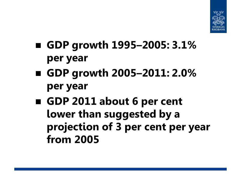 GDP growth 1995–2005: 3.1% per year GDP growth 2005–2011: 2.0% per year GDP 2011 about 6 per cent lower than suggested by a projection of 3 per cent per year from 2005