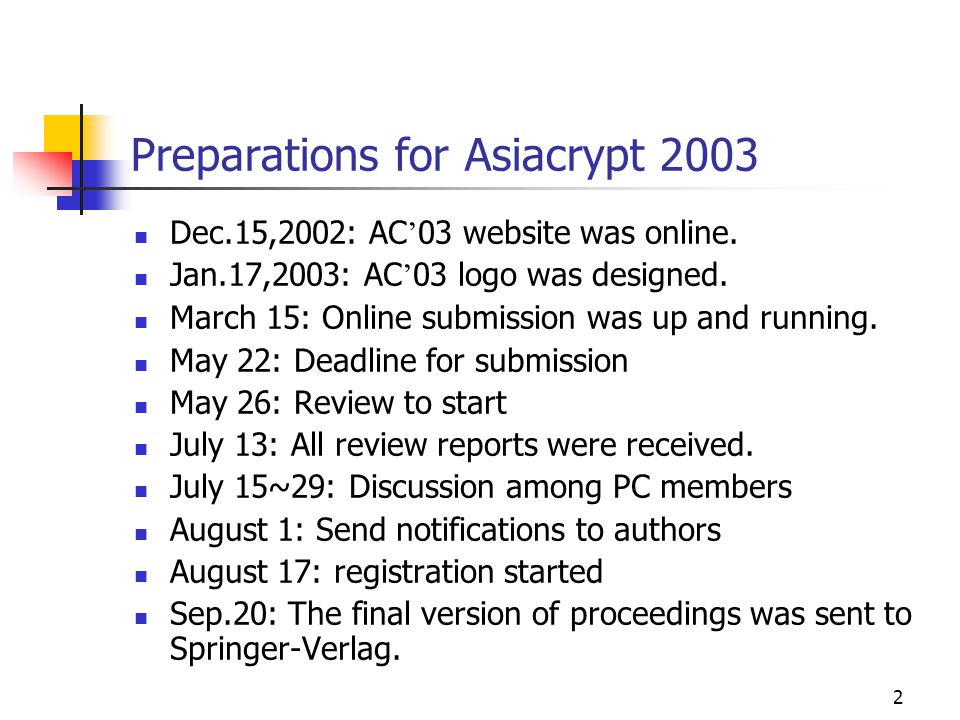 2 Preparations for Asiacrypt 2003 Dec.15,2002: AC ’ 03 website was online.
