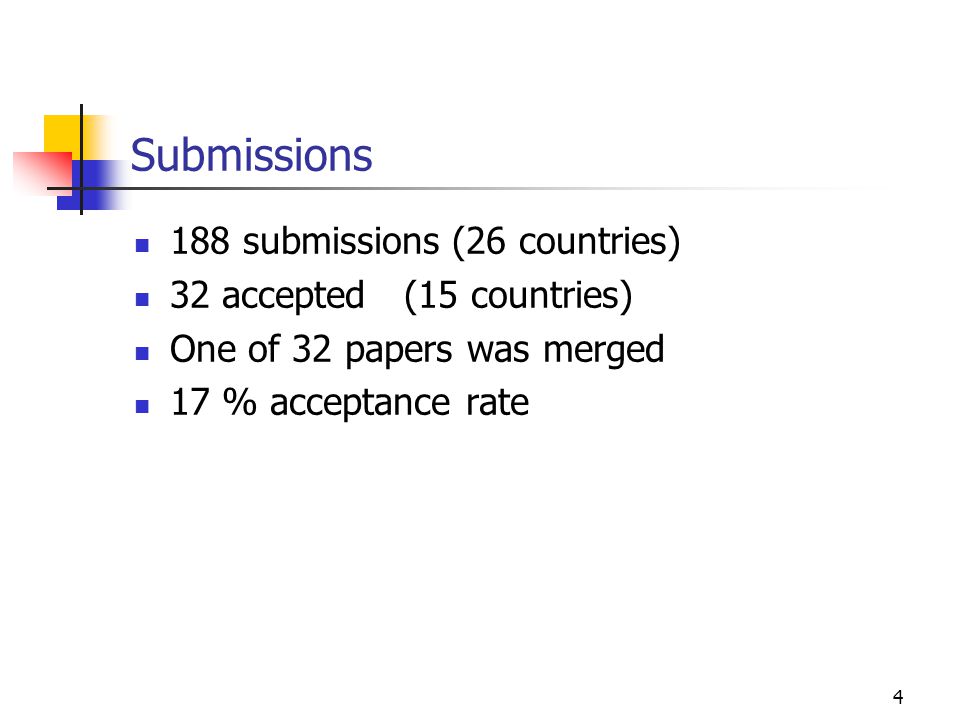 4 Submissions 188 submissions (26 countries) 32 accepted (15 countries) One of 32 papers was merged 17 % acceptance rate