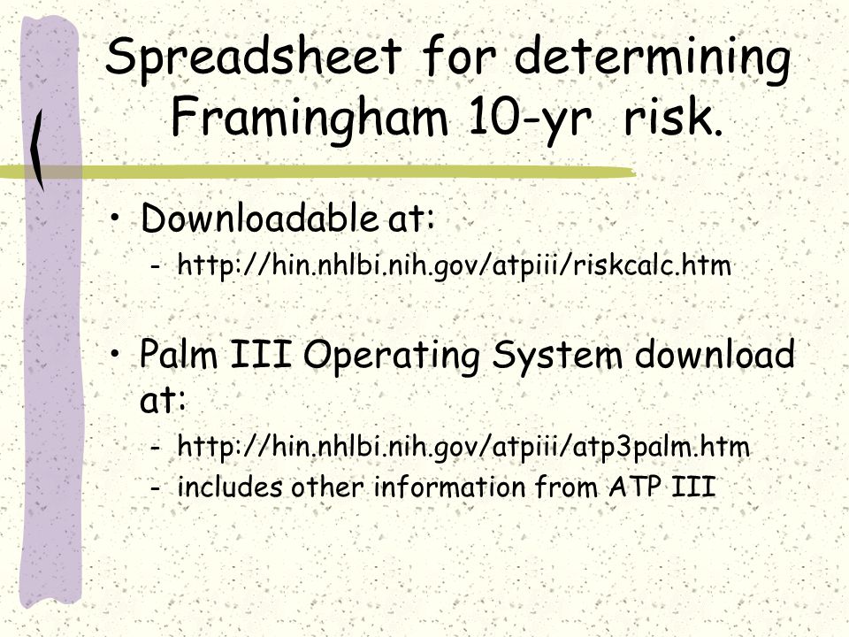 Spreadsheet for determining Framingham 10-yr risk.