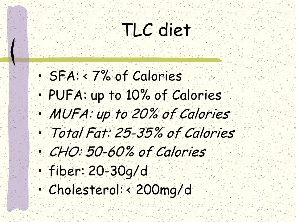 TLC diet SFA: < 7% of Calories PUFA: up to 10% of Calories MUFA: up to 20% of Calories Total Fat: 25-35% of Calories CHO: 50-60% of Calories fiber: 20-30g/d Cholesterol: < 200mg/d