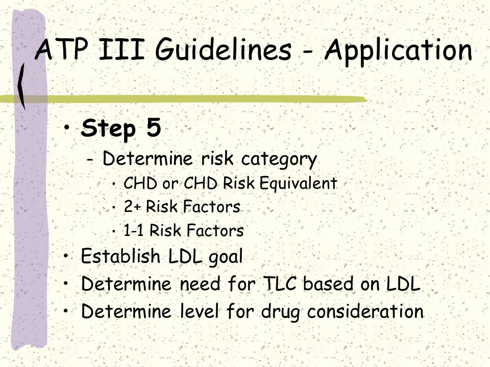 ATP III Guidelines - Application Step 5 – Determine risk category CHD or CHD Risk Equivalent 2+ Risk Factors 1-1 Risk Factors Establish LDL goal Determine need for TLC based on LDL Determine level for drug consideration