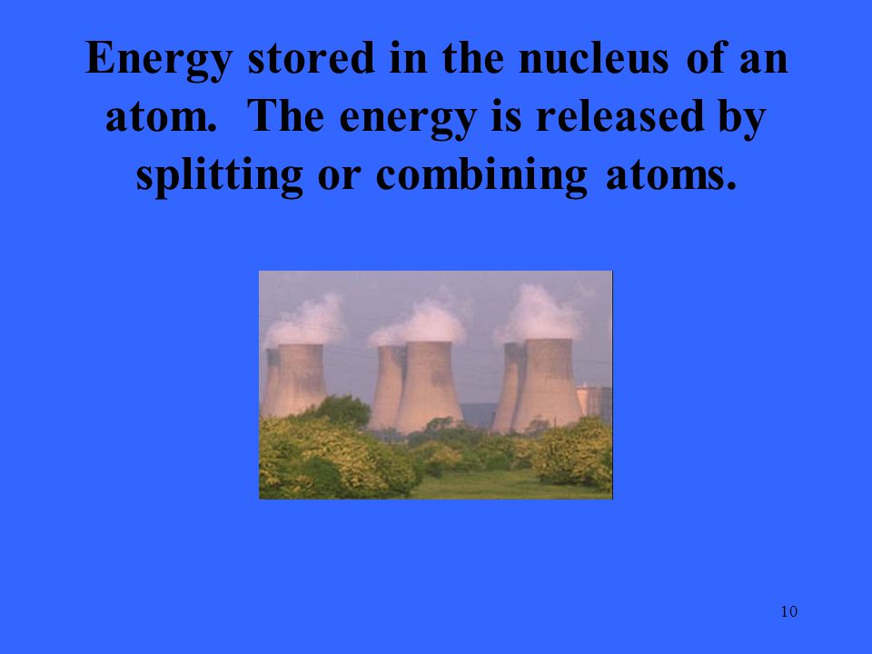 10 Energy stored in the nucleus of an atom. The energy is released by splitting or combining atoms.