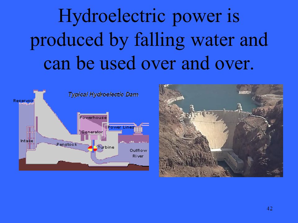42 Hydroelectric power is produced by falling water and can be used over and over.