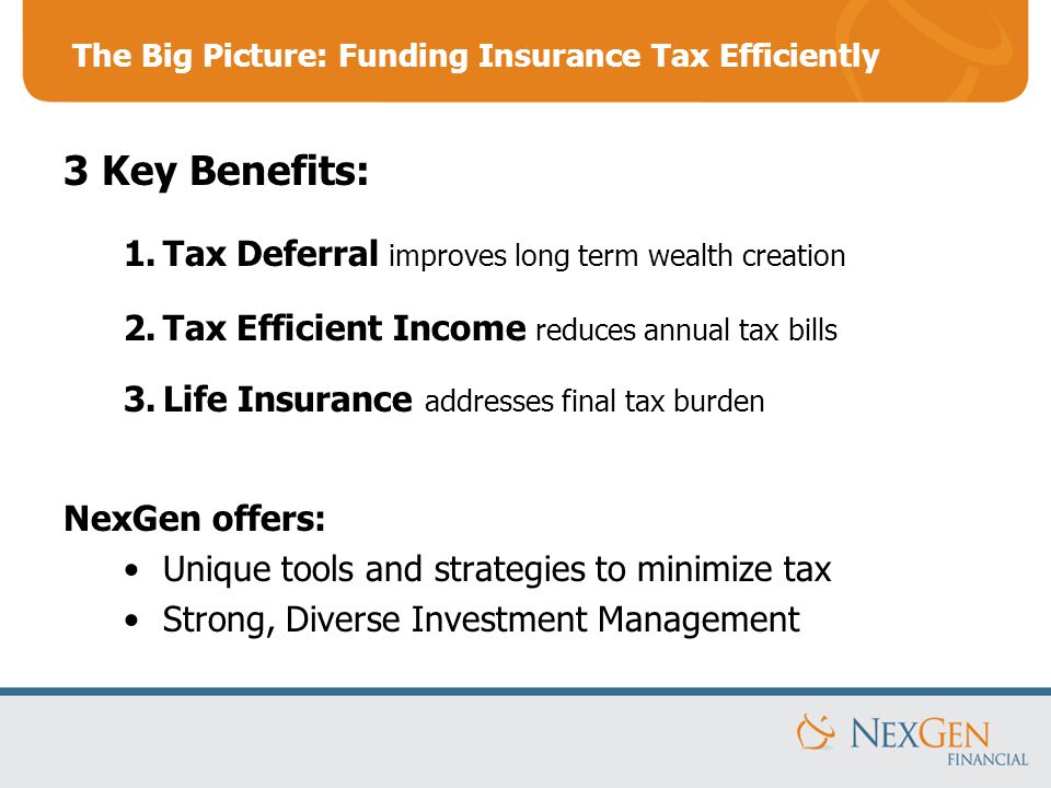 The Big Picture: Funding Insurance Tax Efficiently 3 Key Benefits: 1.Tax Deferral improves long term wealth creation 2.Tax Efficient Income reduces annual tax bills 3.Life Insurance addresses final tax burden NexGen offers: Unique tools and strategies to minimize tax Strong, Diverse Investment Management