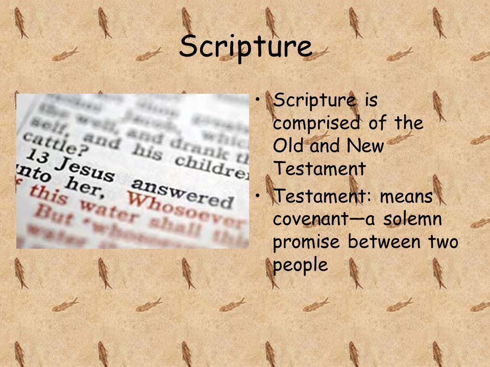 Scripture Scripture is comprised of the Old and New Testament Testament: means covenant—a solemn promise between two people
