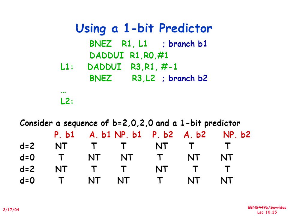EENG449b/Savvides Lec /17/04 Using a 1-bit Predictor Consider a sequence of b=2,0,2,0 and a 1-bit predictor P.