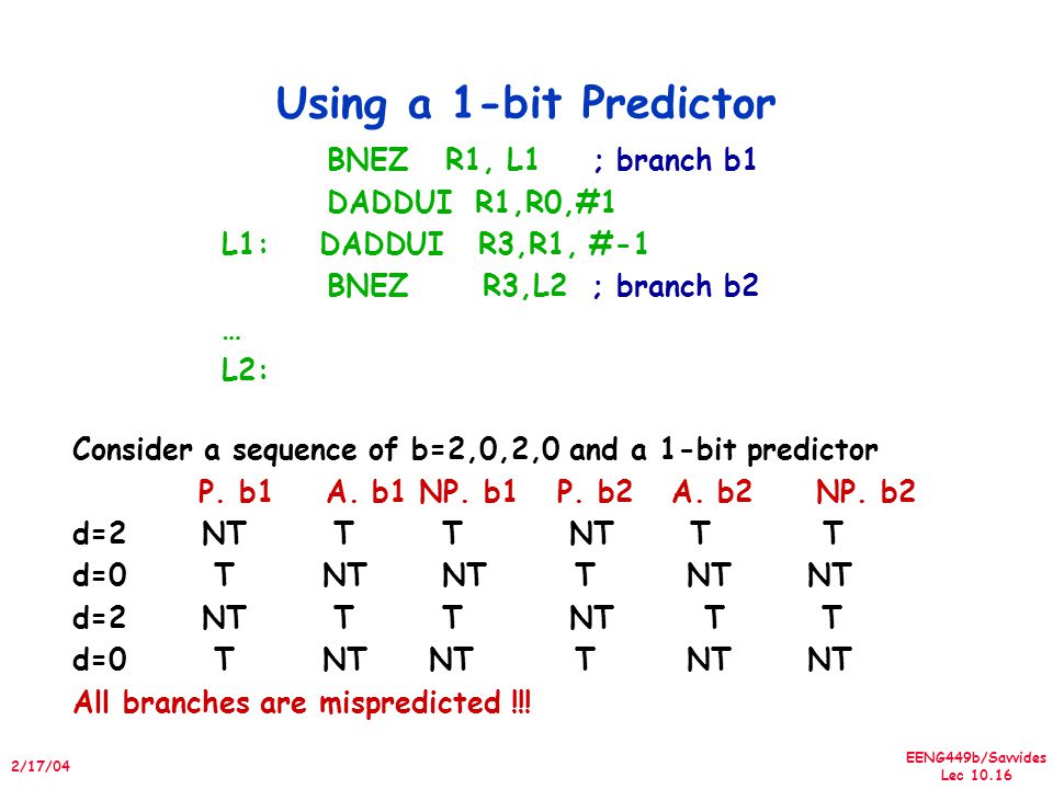 EENG449b/Savvides Lec /17/04 Using a 1-bit Predictor Consider a sequence of b=2,0,2,0 and a 1-bit predictor P.