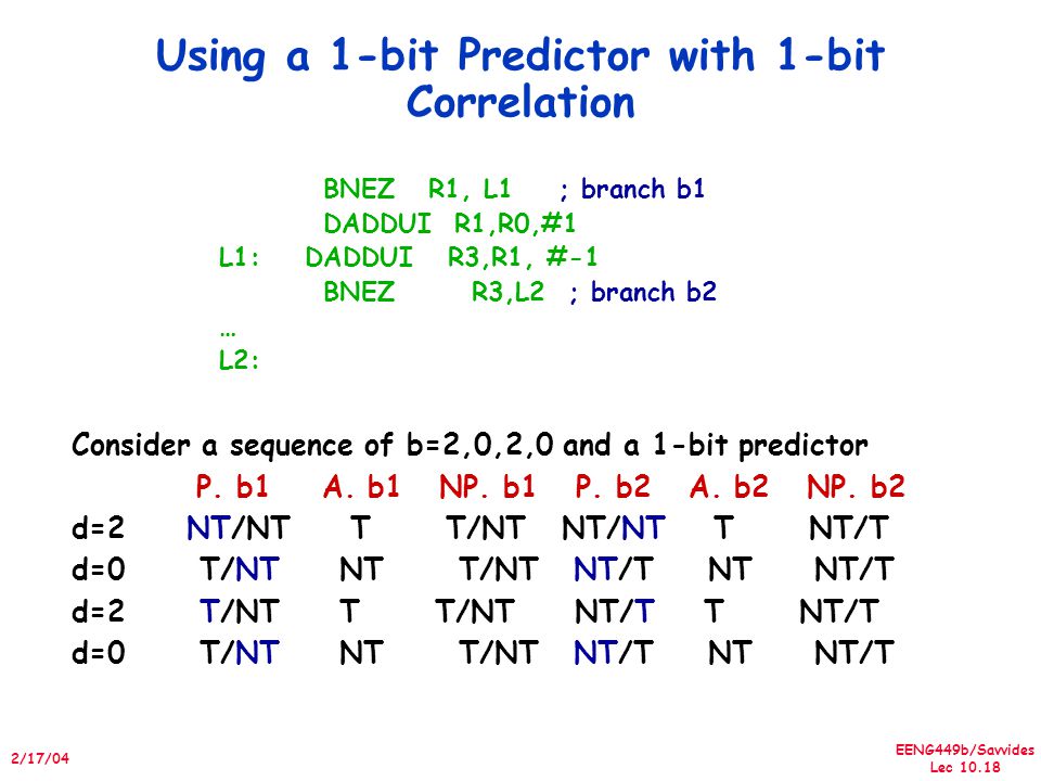 EENG449b/Savvides Lec /17/04 Using a 1-bit Predictor with 1-bit Correlation Consider a sequence of b=2,0,2,0 and a 1-bit predictor P.