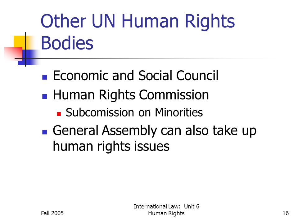Fall 2005 International Law: Unit 6 Human Rights16 Other UN Human Rights Bodies Economic and Social Council Human Rights Commission Subcomission on Minorities General Assembly can also take up human rights issues
