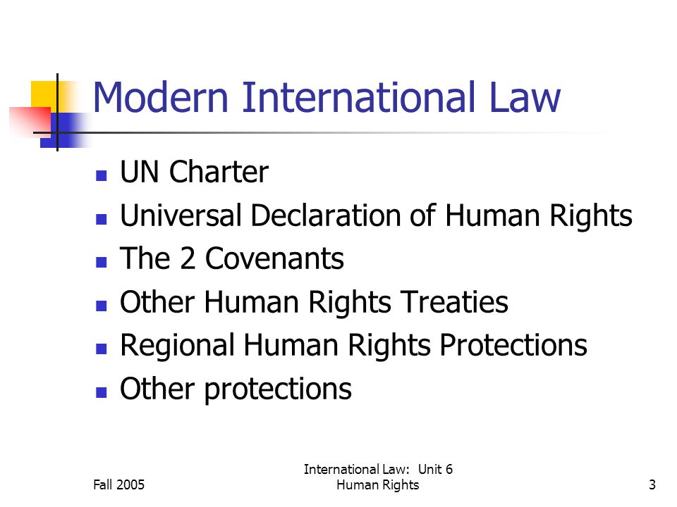 Fall 2005 International Law: Unit 6 Human Rights3 Modern International Law UN Charter Universal Declaration of Human Rights The 2 Covenants Other Human Rights Treaties Regional Human Rights Protections Other protections
