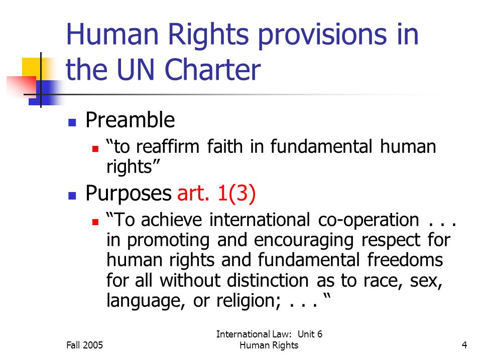 Fall 2005 International Law: Unit 6 Human Rights4 Human Rights provisions in the UN Charter Preamble to reaffirm faith in fundamental human rights Purposes art.