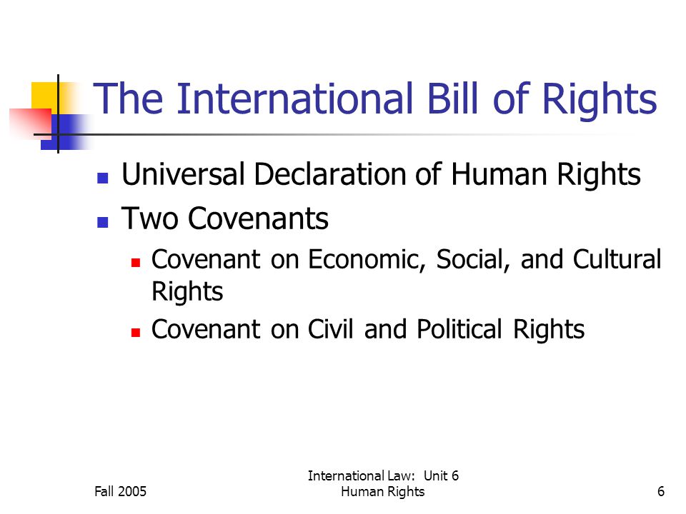 Fall 2005 International Law: Unit 6 Human Rights6 The International Bill of Rights Universal Declaration of Human Rights Two Covenants Covenant on Economic, Social, and Cultural Rights Covenant on Civil and Political Rights