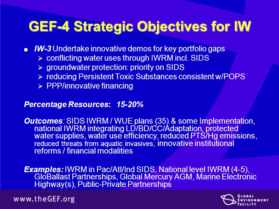 GEF-4 Strategic Objectives for IW ■ IW-3 Undertake innovative demos for key portfolio gaps  conflicting water uses through IWRM incl.