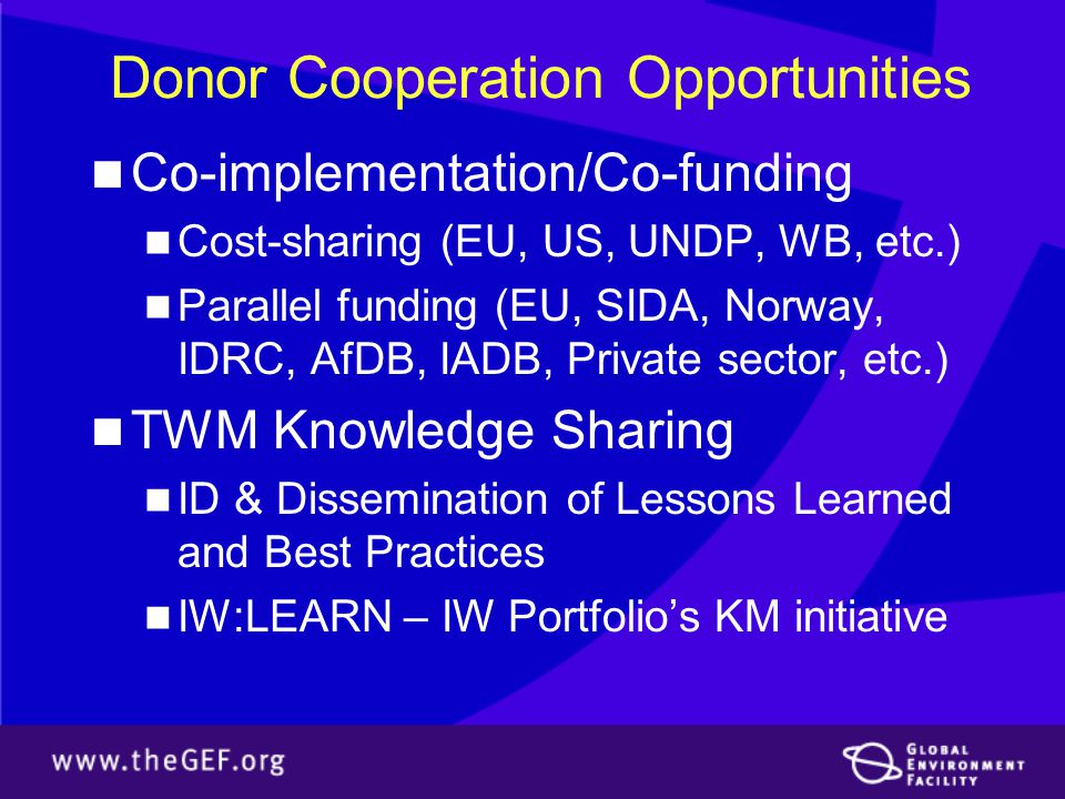 Donor Cooperation Opportunities Co-implementation/Co-funding Cost-sharing (EU, US, UNDP, WB, etc.) Parallel funding (EU, SIDA, Norway, IDRC, AfDB, IADB, Private sector, etc.) TWM Knowledge Sharing ID & Dissemination of Lessons Learned and Best Practices IW:LEARN – IW Portfolio’s KM initiative