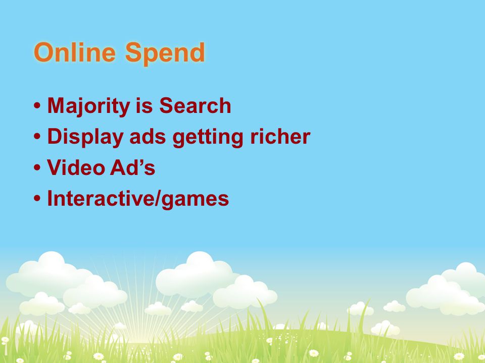 Online Spend Majority is Search Display ads getting richer Video Ad’s Interactive/games