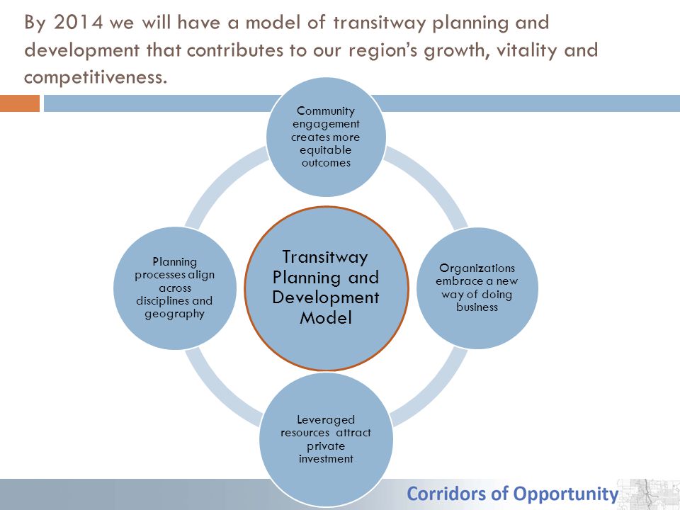 By 2014 we will have a model of transitway planning and development that contributes to our region’s growth, vitality and competitiveness.