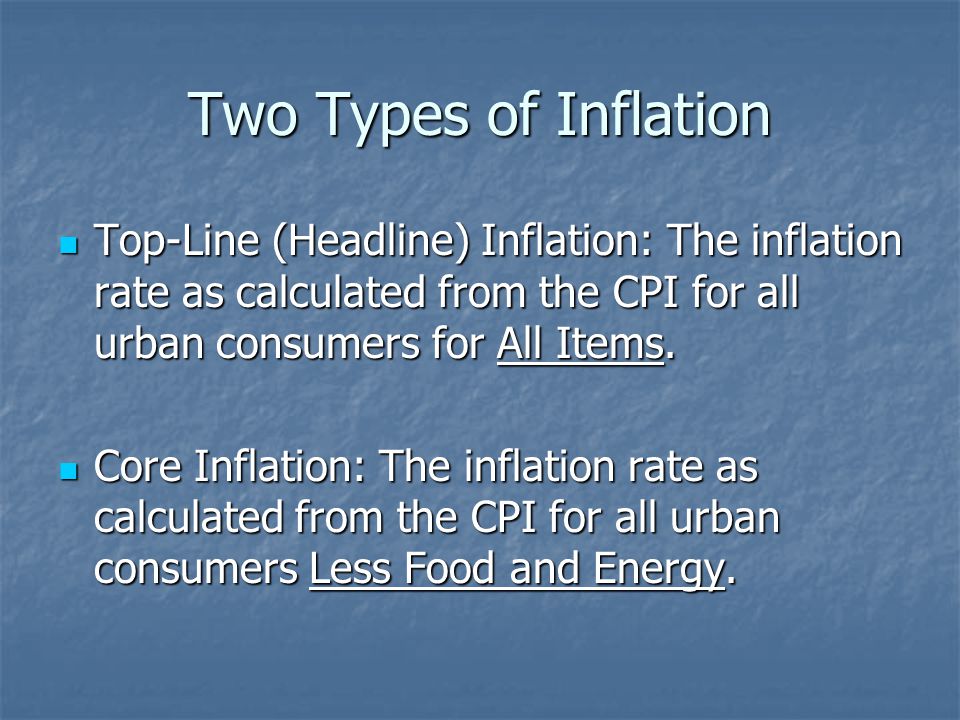 Two Types of Inflation Top-Line (Headline) Inflation: The inflation rate as calculated from the CPI for all urban consumers for All Items.