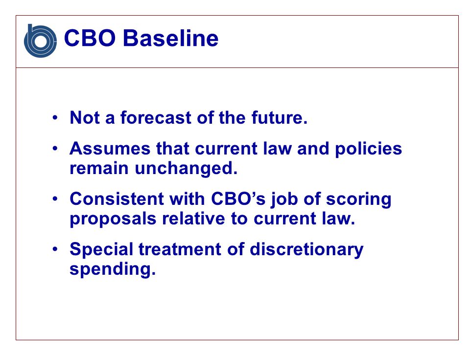 CBO Baseline Not a forecast of the future. Assumes that current law and policies remain unchanged.
