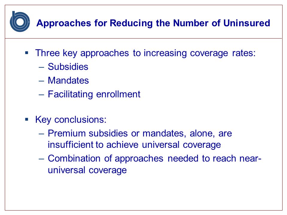 Approaches for Reducing the Number of Uninsured  Three key approaches to increasing coverage rates: –Subsidies –Mandates –Facilitating enrollment  Key conclusions: –Premium subsidies or mandates, alone, are insufficient to achieve universal coverage –Combination of approaches needed to reach near- universal coverage