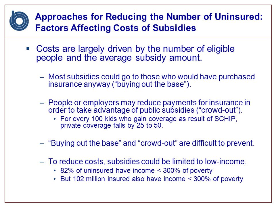 Approaches for Reducing the Number of Uninsured: Factors Affecting Costs of Subsidies  Costs are largely driven by the number of eligible people and the average subsidy amount.