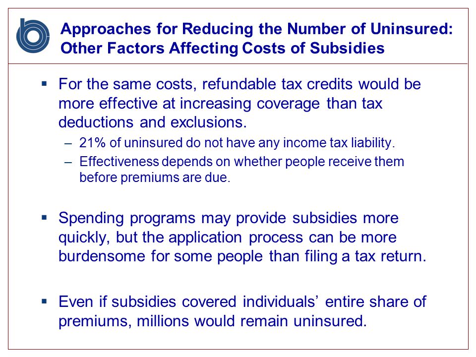 Approaches for Reducing the Number of Uninsured: Other Factors Affecting Costs of Subsidies  For the same costs, refundable tax credits would be more effective at increasing coverage than tax deductions and exclusions.
