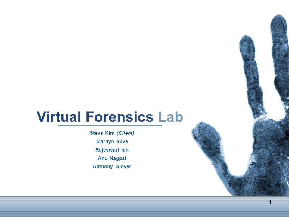 1 Virtual Forensics Lab Steve Kim (Client) Marilyn Silva Rajeswari Ian Anu Nagpal Anthony Glover 1