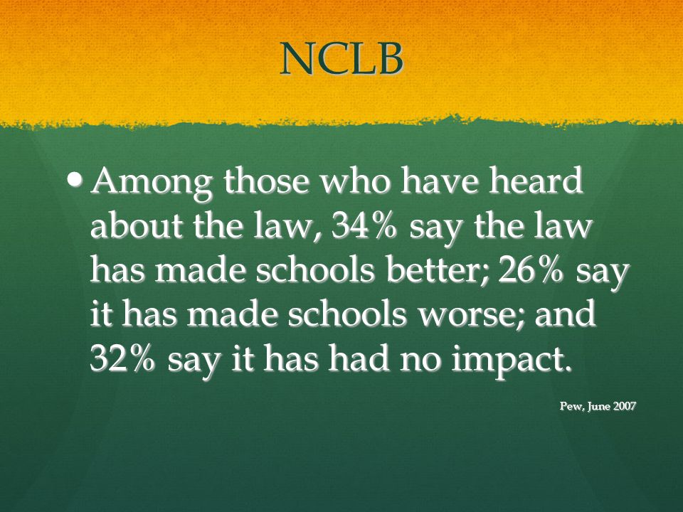 NCLB Among those who have heard about the law, 34% say the law has made schools better; 26% say it has made schools worse; and 32% say it has had no impact.