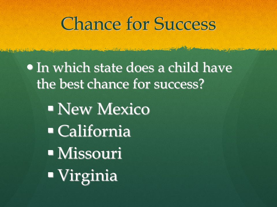 Chance for Success In which state does a child have the best chance for success.