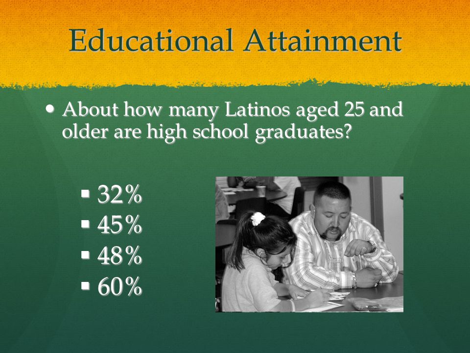 Educational Attainment About how many Latinos aged 25 and older are high school graduates.