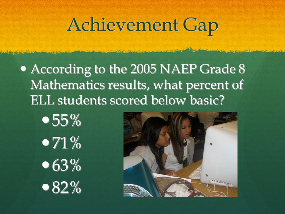 Achievement Gap According to the 2005 NAEP Grade 8 Mathematics results, what percent of ELL students scored below basic.