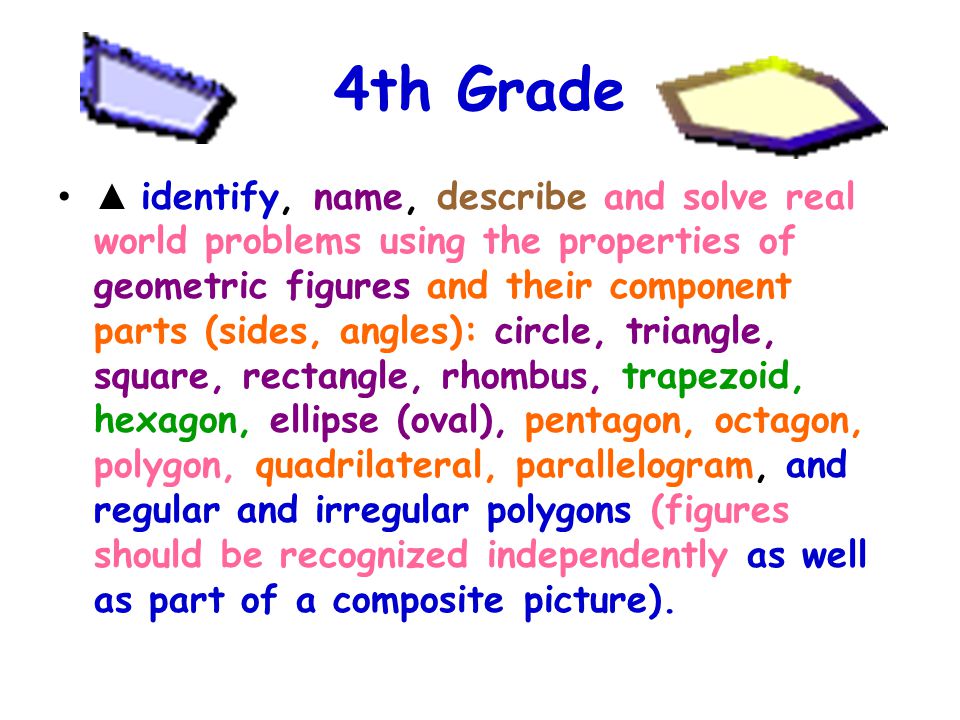 4th Grade ▲ identify, name, describe and solve real world problems using the properties of geometric figures and their component parts (sides, angles): circle, triangle, square, rectangle, rhombus, trapezoid, hexagon, ellipse (oval), pentagon, octagon, polygon, quadrilateral, parallelogram, and regular and irregular polygons (figures should be recognized independently as well as part of a composite picture).