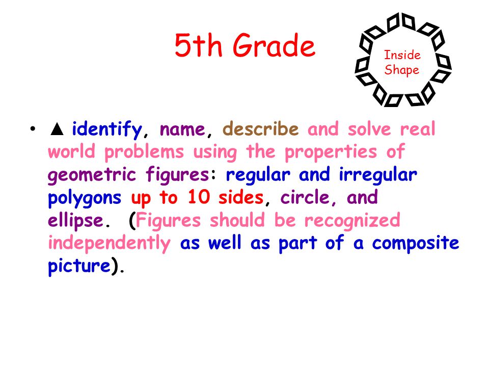 5th Grade ▲ identify, name, describe and solve real world problems using the properties of geometric figures: regular and irregular polygons up to 10 sides, circle, and ellipse.