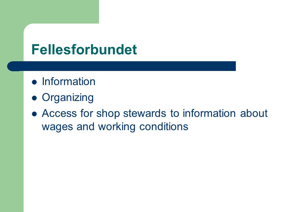 Fellesforbundet Information Organizing Access for shop stewards to information about wages and working conditions