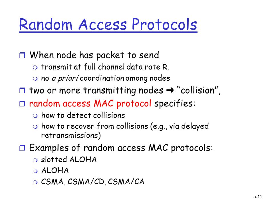 5-11 Random Access Protocols r When node has packet to send m transmit at full channel data rate R.