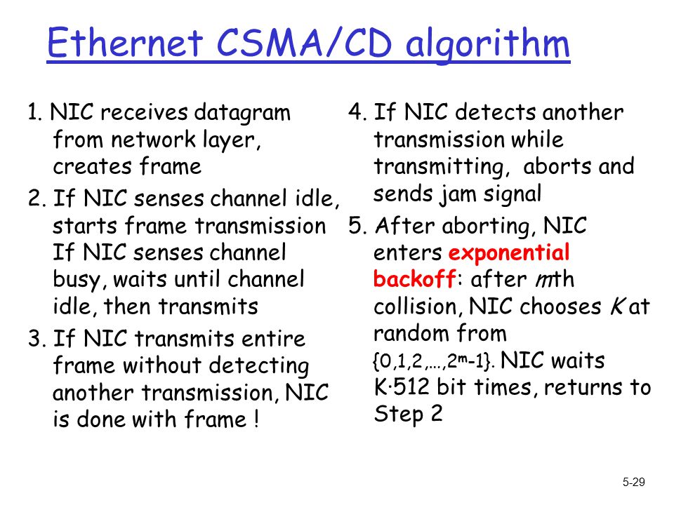 5-29 Ethernet CSMA/CD algorithm 1. NIC receives datagram from network layer, creates frame 2.