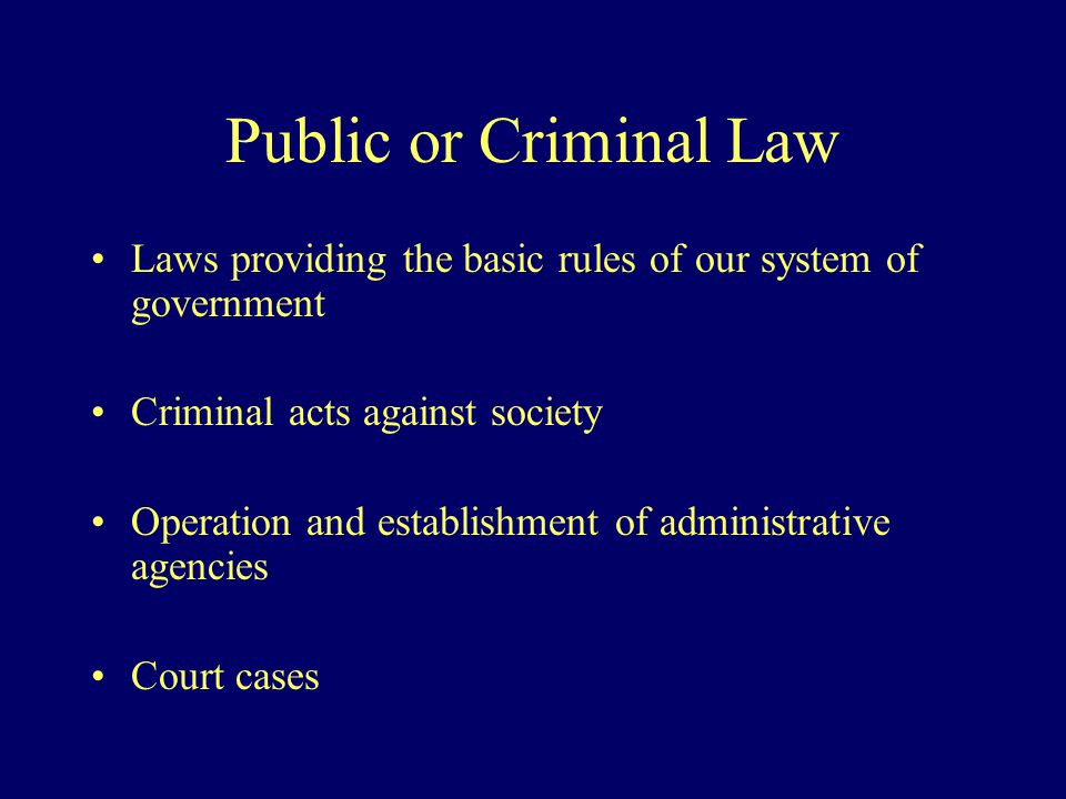 Public or Criminal Law Laws providing the basic rules of our system of government Criminal acts against society Operation and establishment of administrative agencies Court cases