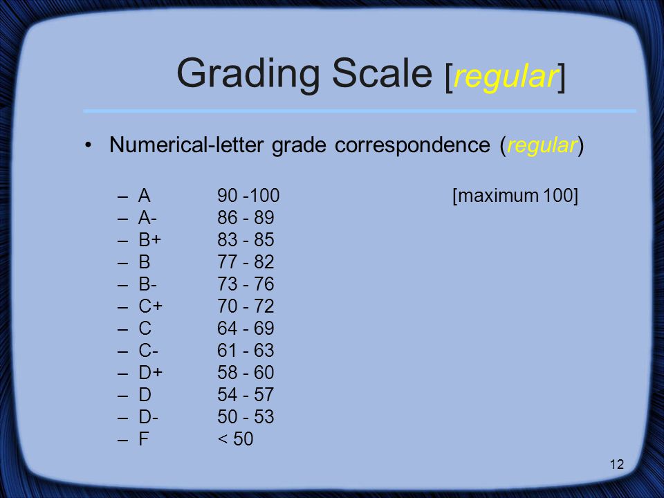 12 Grading Scale [regular] Numerical-letter grade correspondence (regular) –A [maximum 100] –A –B –B –B –C –C –C –D –D –D –F< 50