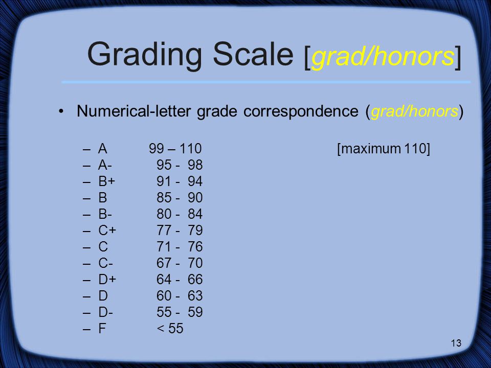 13 Grading Scale [grad/honors] Numerical-letter grade correspondence (grad/honors) –A 99 – 110 [maximum 110] –A –B –B –B –C –C –C –D –D –D –F< 55