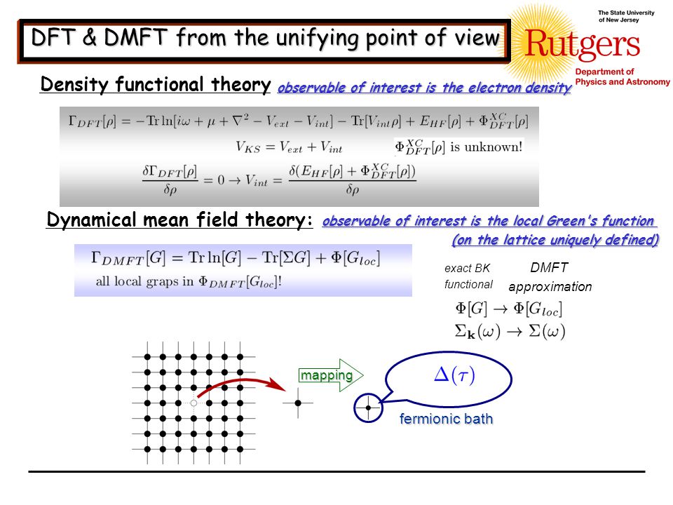 Density functional theory Dynamical mean field theory: observable of interest is the electron density observable of interest is the local Green s function (on the lattice uniquely defined) fermionic bath mapping exact BK functional DMFT approximation DFT & DMFT from the unifying point of view